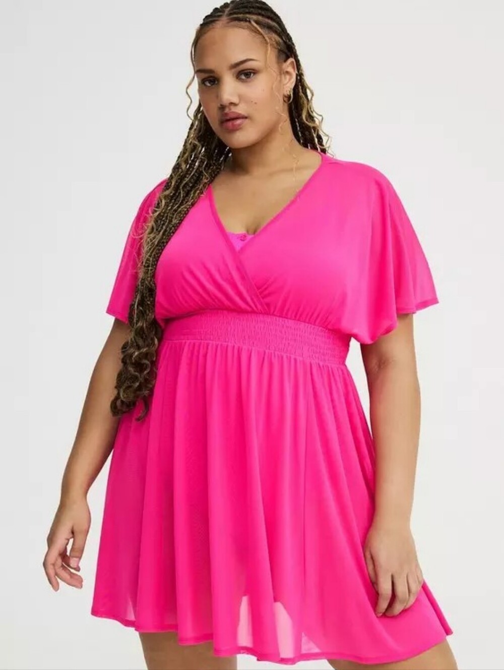 NWT 4x TORRID Chiffon Smocked Waist Cover-Up Dress~Neon pink swim